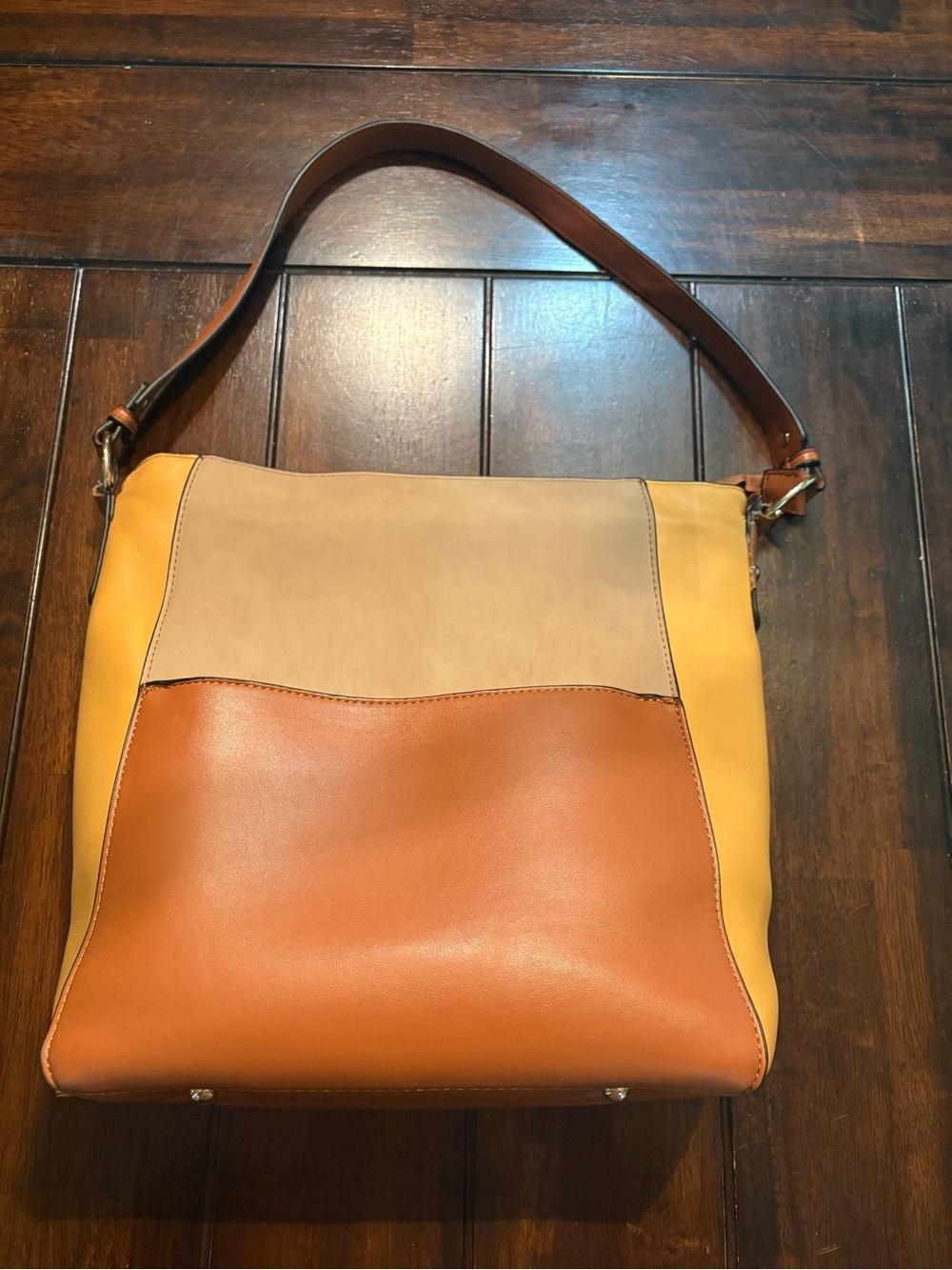Women’s Two-Tone Shoulder Bag - Brown & Yellow, Gold Hardware - Picture 2 of 10